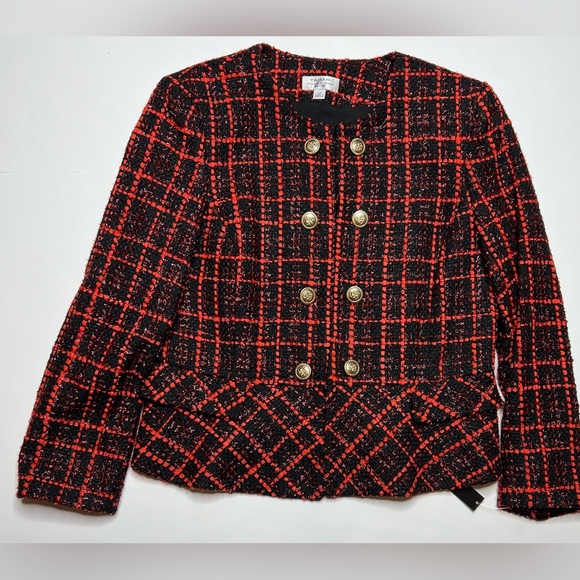 Tahari  Red Plaid Suit Peplum Suit with Gold Buttons and Chain-link  Belt. NWT. - Picture 5 of 7